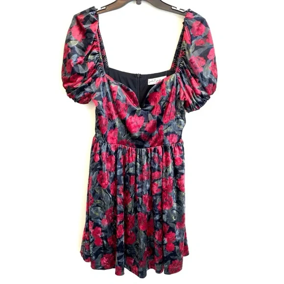 Petal And Pup Mini Dress Red Floral Velveteen Puff Sleeve Size Small - Picture 2 of 8